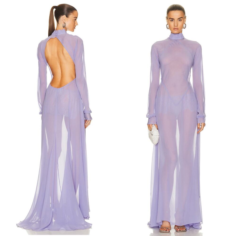 MAXIMILIAN DAVIS Elina Sheer Silk Long Sleeve Open Back Purple Maxi Gown Sz 4